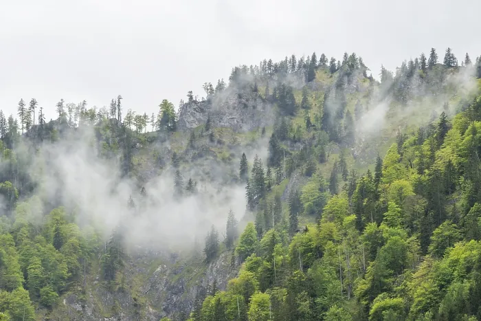 Framed Print : View into the mountains next to Lake Offensee on a rainy day in spring