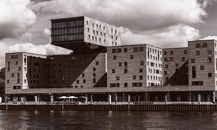 Framed Print : View of the Musikhotel on Stralauer Strasse street as seen from the Spree river