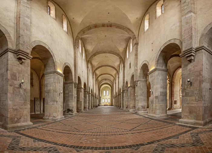 Framed Print : View into the nave of the basilica of Eberbach Abbey