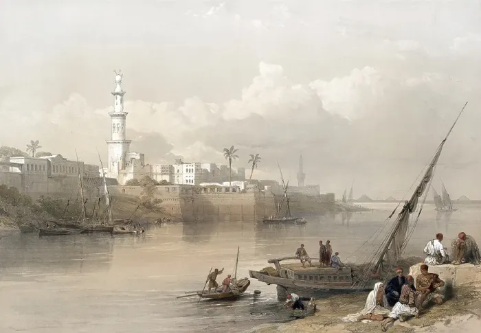 Framed Print : View of the Nile, ferry to Giza, Egypt, c. 1850, Historic, digitally restored reproduction from a 19th century original, exact date unknown, AI generated, Africa Framed Print : View of the Nile, ferry to Giza, Egypt, c. 1850, Historic, digitally restored reproduction from a 19th century original, exact date unknown, AI generated, Africa