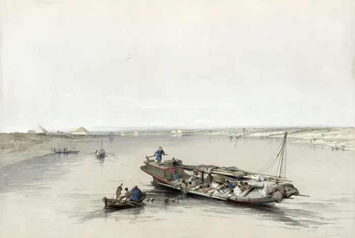 Framed Print : View of the Nile with the pyramids of Dashour, Dahshyr, and Saccara, Saqqarah, in the background, Egypt, c. 1850, Historic, digitally restored reproduction from a 19th century original, exact date unknown, AI generated, Africa