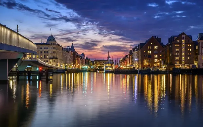 Framed Print : View of Nyhavn at sunset, night shot