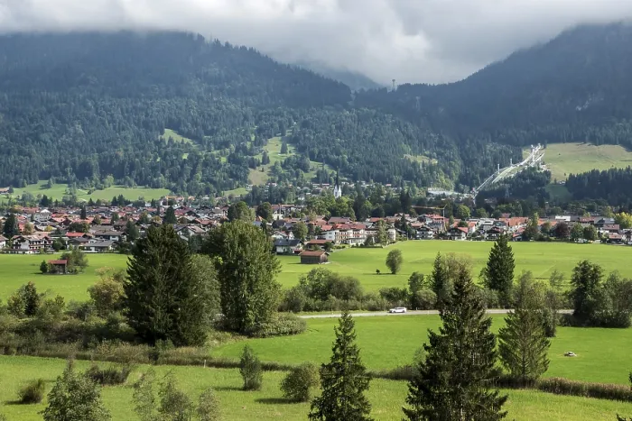 Framed Print : View of Oberstdorf, back right ski jumping hills of the Orlen Arena