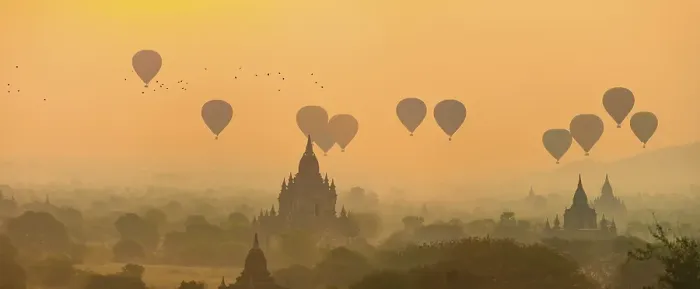 Framed Print : View of pagodas with hot air balloons Framed Print : View of pagodas with hot air balloons