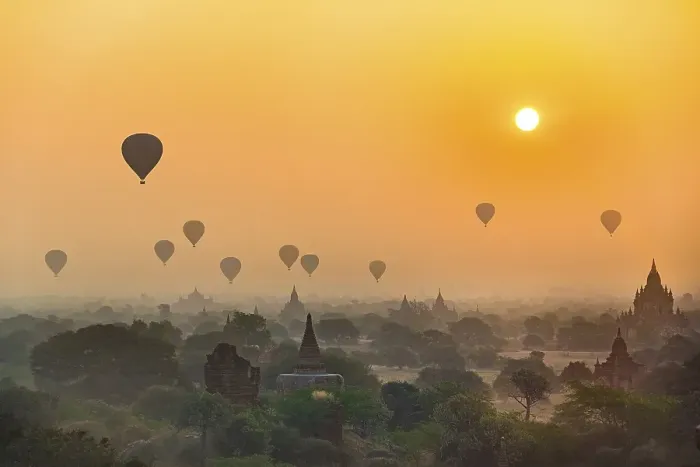 Framed Print : View of pagodas with hot air balloons