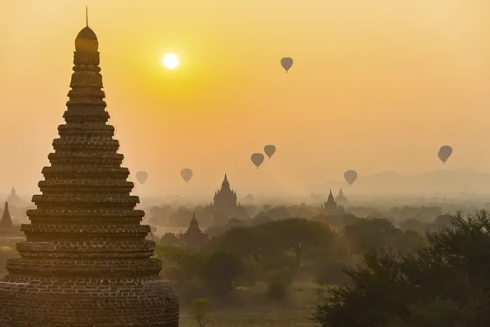 Framed Print : View of pagodas with hot air balloons