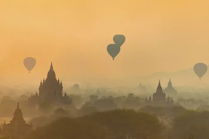 Framed Print : View of pagodas with hot air balloons
