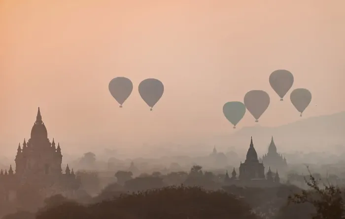 Framed Print : View of pagodas with hot air balloons Framed Print : View of pagodas with hot air balloons