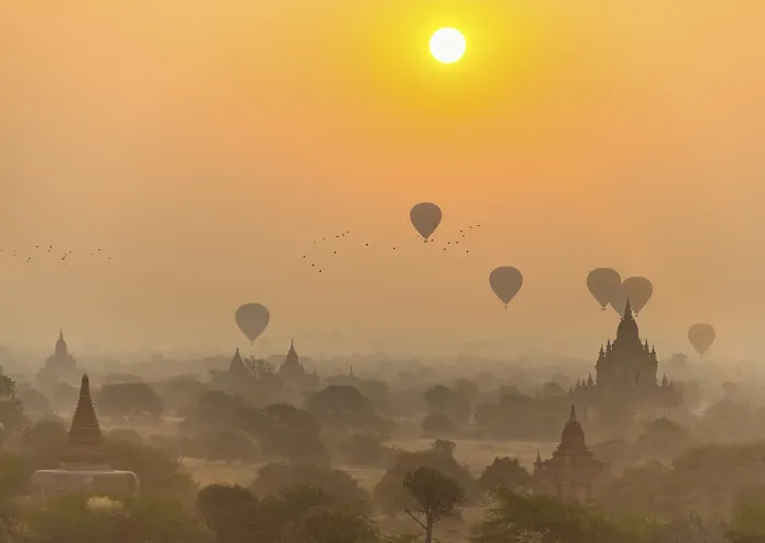 Framed Print : View of pagodas with hot air balloons Framed Print : View of pagodas with hot air balloons