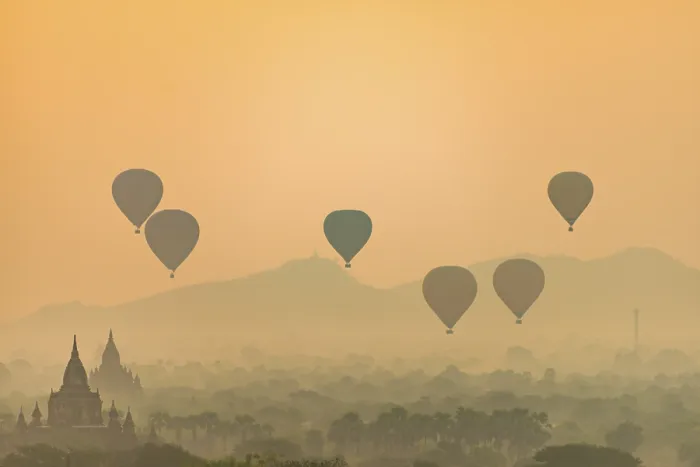 Framed Print : View of pagodas with hot air balloons