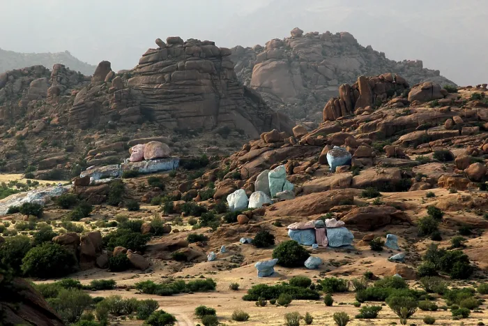 Framed Print : View of painted rocks by Jean Verame in the mountainous landscape of Tafraoute Framed Print : View of painted rocks by Jean Verame in the mountainous landscape of Tafraoute