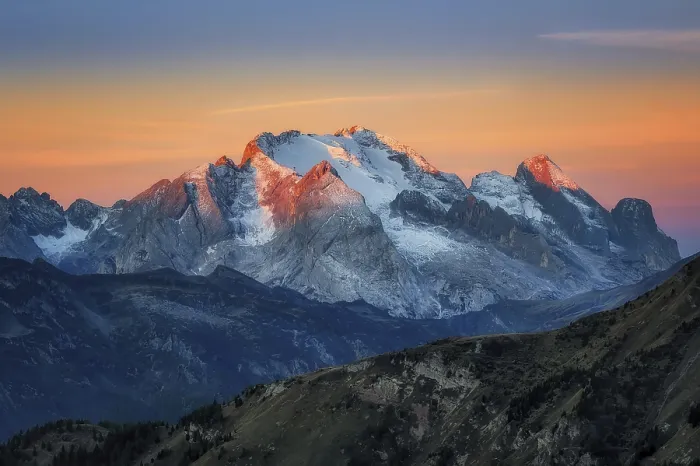 Framed Print : The view from Passo Giau to the Marmolada massif after colour sunrise