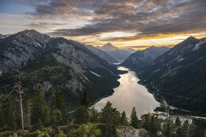 Framed Print : View of the Plansee lake from Schoenjoechl at sunset