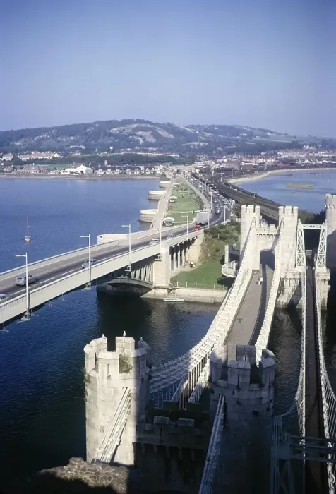Framed Print : View of the railway bridge over the River Conwy and the Telford Suspension Bridge, Conwy, Anglesey, North Wales, Wales, UK 1966