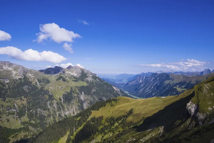 Framed Print : View from the Rappenseehuette into the Stillachtal valley as far as Oberstdorf