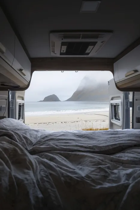 Framed Print : View from the rear of the campervan to beach with turquoise water Framed Print : View from the rear of the campervan to beach with turquoise water