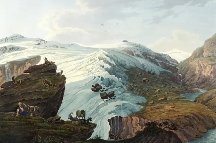 Framed Print : View of the Rheinwald glacier, taken at the shepherds huts of Bergamo, Canton Graubuenden in Switzerland, view around 1830, digitally restored reproduction of a 19th century model by Johann Ludwig Bleuler (12 February 1792 - 28 March 1850)