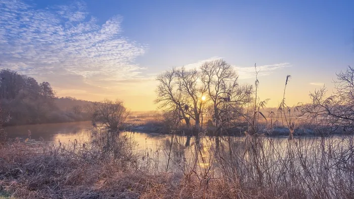Framed Print : View of the river Leine at sunset