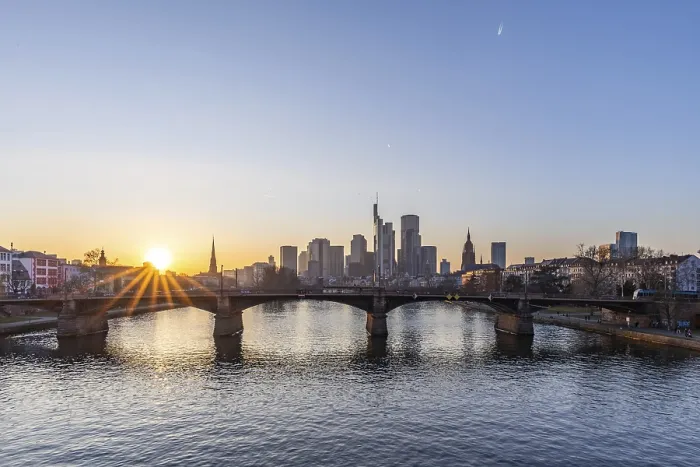 Framed Print : View over the river Main with a modern skyline in the background in the evening