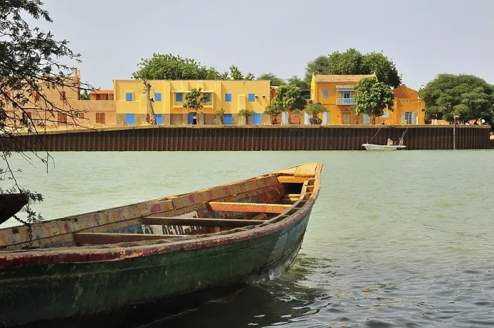 Framed Print : View over the river Senegal to the Senegalese town of Podor Framed Print : View over the river Senegal to the Senegalese town of Podor
