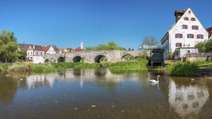 Framed Print : View over the river Wornitz to the old town with the medieval stone bridge and the Herz Jesu church Framed Print : View over the river Wornitz to the old town with the medieval stone bridge and the Herz Jesu church