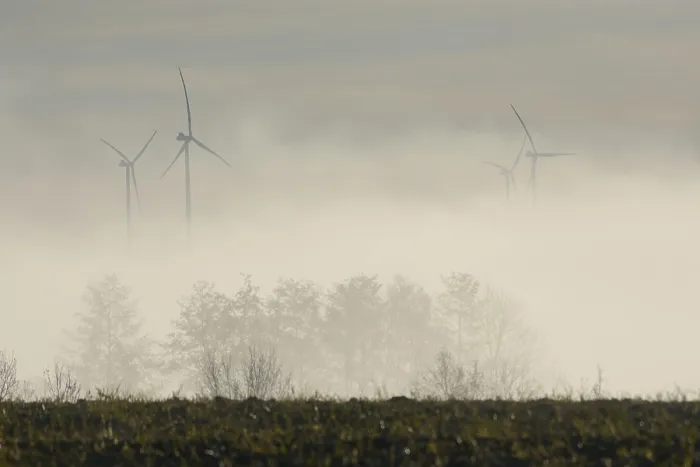 Framed Print : View from Rosengarten-Raibach of fog-shrouded wind turbines in the KohlenstraBe wind farm