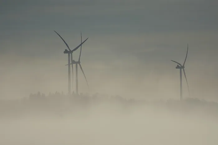 Framed Print : View from Rosengarten-Raibach of fog-shrouded wind turbines in the KohlenstraBe wind farm