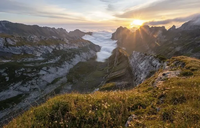 Framed Print : View over Saentis mountains into the valley of Meglisalp at sunrise Framed Print : View over Saentis mountains into the valley of Meglisalp at sunrise