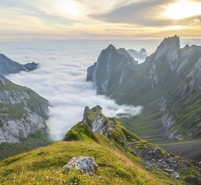 Framed Print : View over Saentis mountains into the valley of Meglisalp at sunrise Framed Print : View over Saentis mountains into the valley of Meglisalp at sunrise