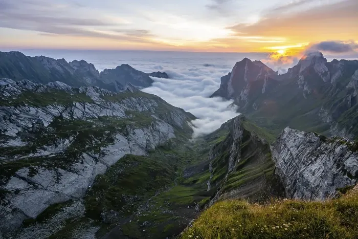 Framed Print : View over Saentis mountains into the valley of Meglisalp at sunrise