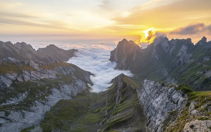 Framed Print : View over Saentis mountains into the valley of Meglisalp at sunrise