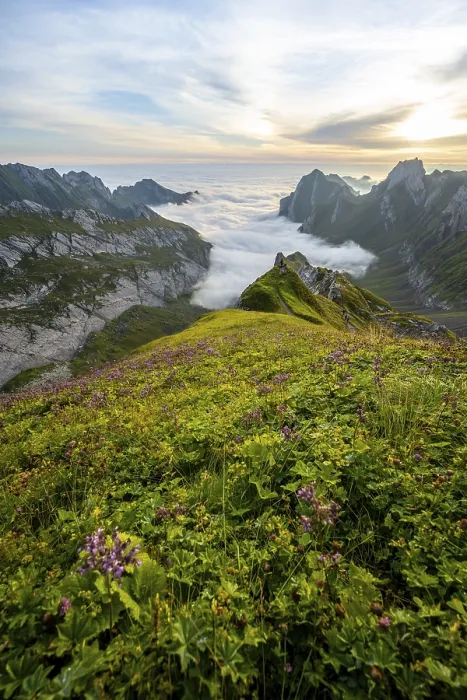 Framed Print : View over Saentis mountains into the valley of Meglisalp at sunrise