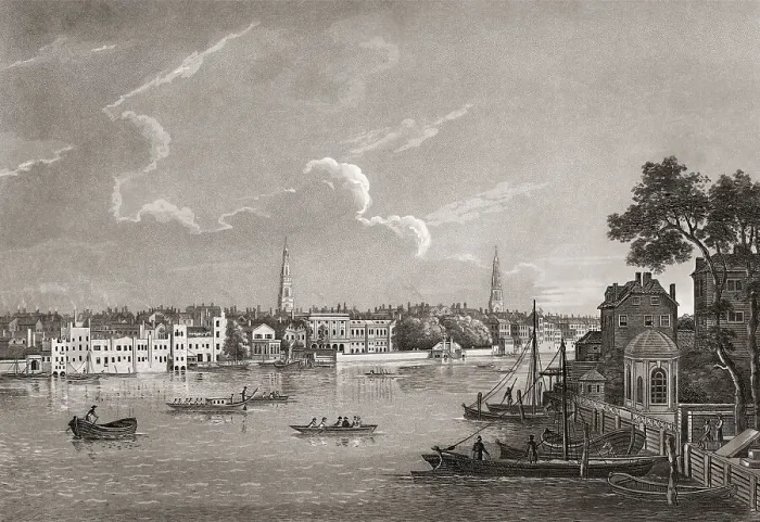 Framed Print : View of the Savoy, Somerset House and the water entrance to Cuper's Garden