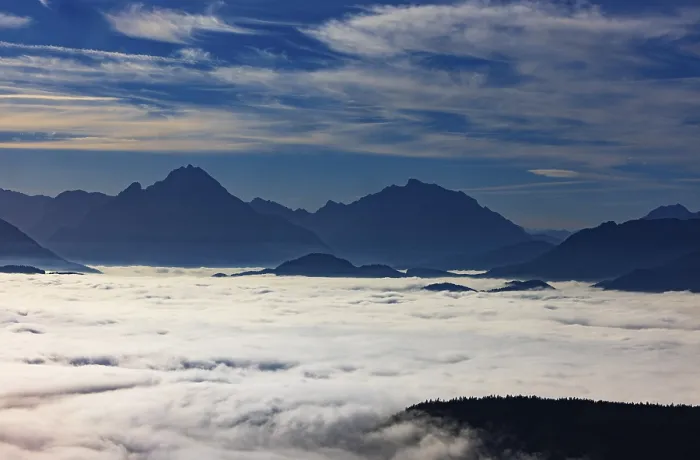 Framed Print : View from Schwarzenberg to a sea of fog in the Salzach valley with Watzmann Framed Print : View from Schwarzenberg to a sea of fog in the Salzach valley with Watzmann