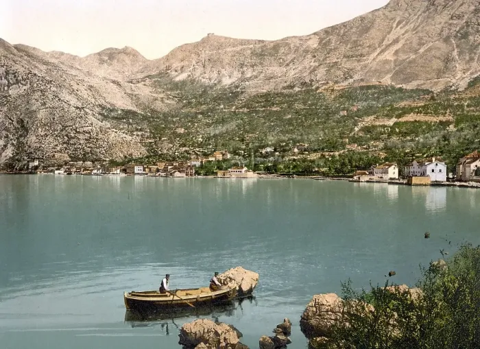 Framed Print : View from the sea to Risano, Dalmatia, Austro-Hungary, Austro-Hungarian Empire, Austrian-Hungarian Monarchy, Historical, around 1900, digitally restored reproduction from a 19th century original View from the sea to Risano, Dalmatia, Austro-Hungary