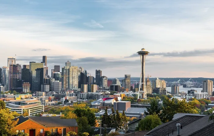 Framed Print : View over Seattle skyline with observation tower Space Needle