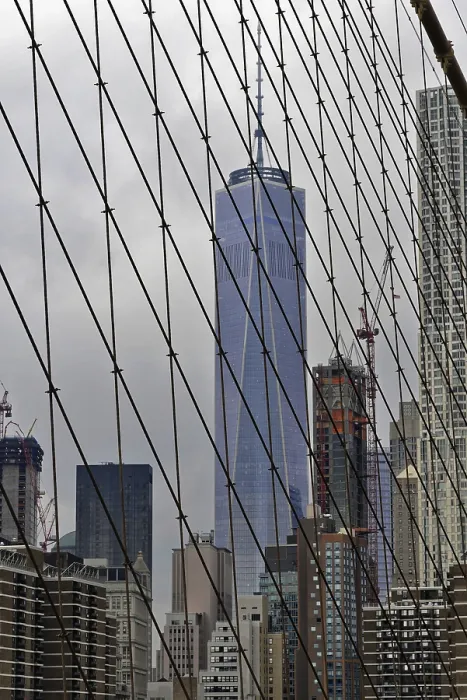 Framed Print : View of skyscrapers through the cables of the Brooklyn Bridge in New York