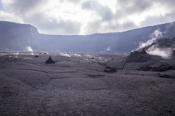Framed Print : View of smoking big crater in Volcanoes National Park
