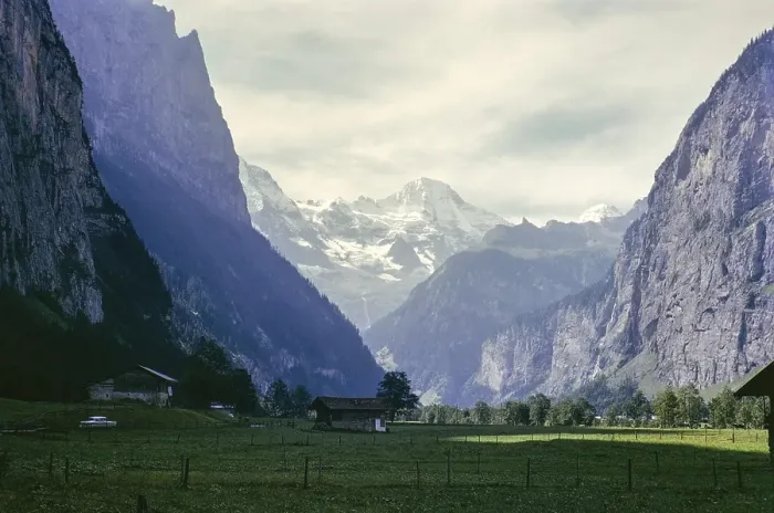 Framed Print : View of the snow-covered Alpine peaks of the Breithorn, Bernese Alpine massif, from Stechelberg, Lauterbrunnen Valley, Canton of Bern, Switzerland, Europe, 1963, Europe