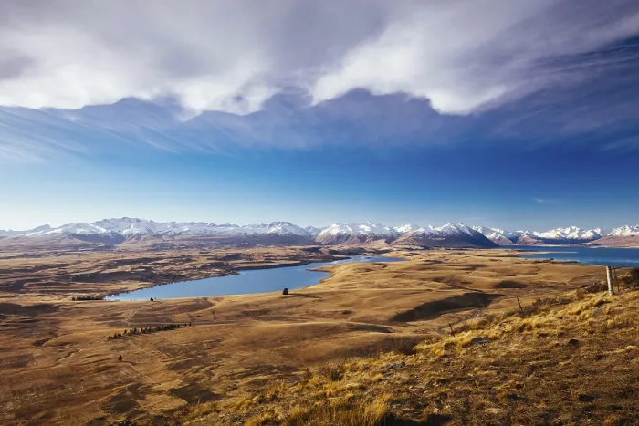 Framed Print : The view of the southern alps and Lake Alexandrina from Mt John Walkway