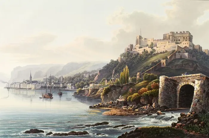 Framed Print : View from St. Goarshausen and the Rheinfels ruins to the Loreley rock, Rhineland-Palatinate, Germany, view around 1830, digitally restored reproduction of a 19th century model by Johann Ludwig Bleuler (12 February 1792 - 28 March 1850) Framed Print : View from St. Goarshausen and the Rheinfels ruins to the Loreley rock, Rhineland-Palatinate, Germany, view around 1830, digitally restored reproduction of a 19th century model by Johann Ludwig Bleuler (12 February 1792 - 28 March 1850)