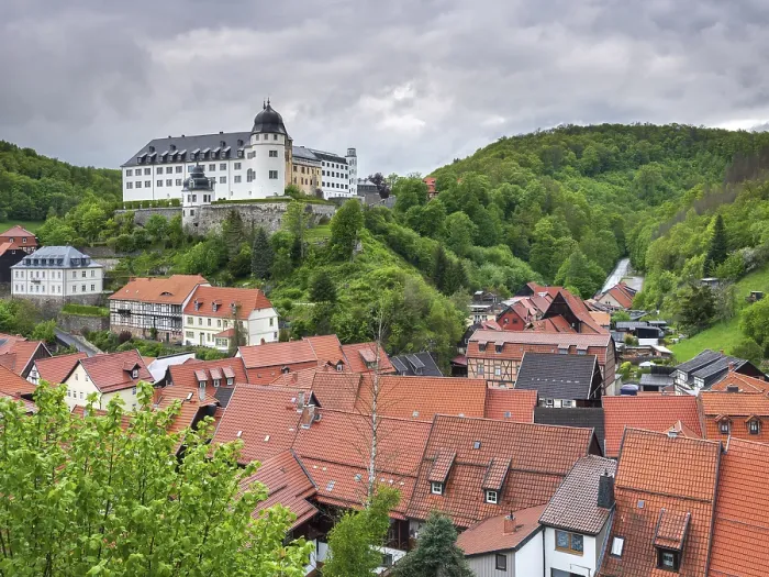 Framed Print : View of Stolberg with the castle and half-timbered houses of the historic old town