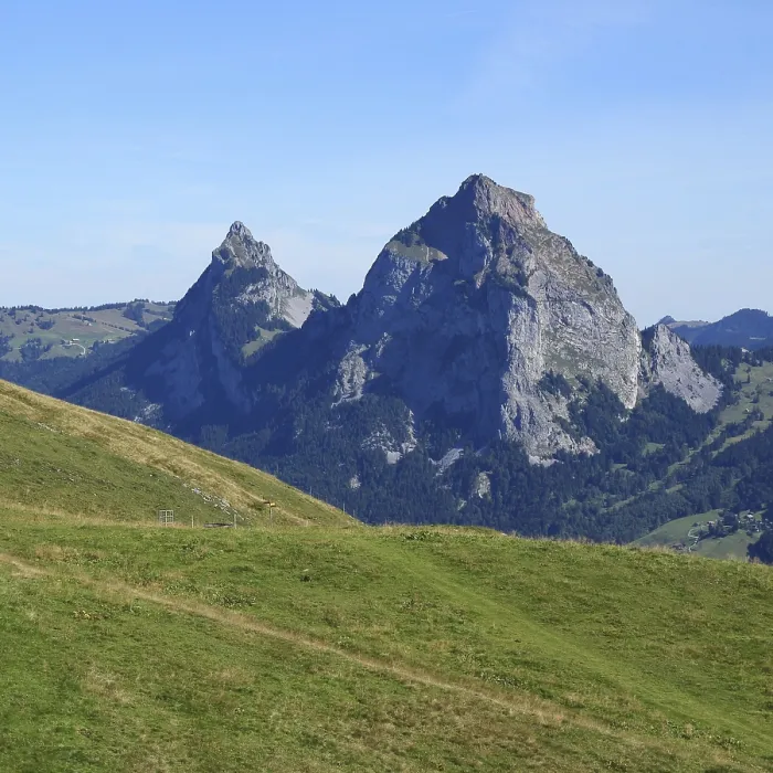 Framed Print : View from Stoos. Green meadow and mount Mythen