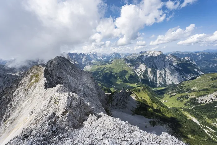 Framed Print : View from the summit of Lamsenspitze over rocky ridge to Schafkarspitze