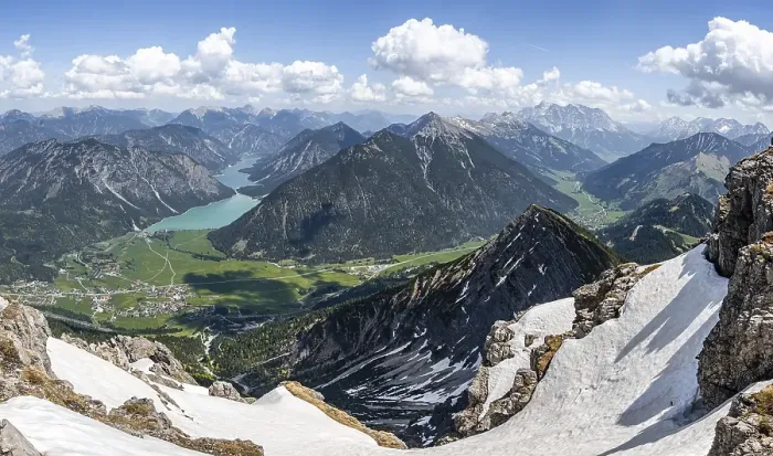 Framed Print : View from the summit of Thaneller of mountains and Plansee lake
