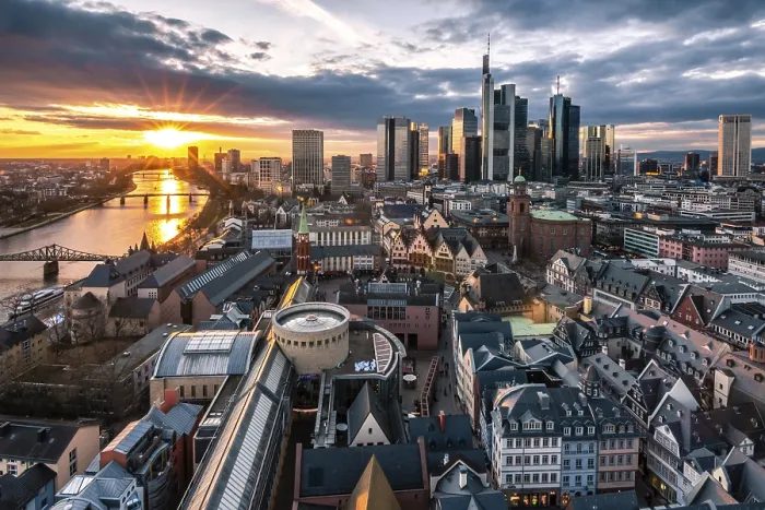 Framed Print : View into the sunset over an old town to the skyline Framed Print : View into the sunset over an old town to the skyline