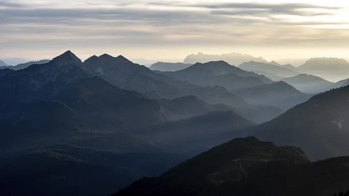 Framed Print : View at sunset from the summit of Zwiesel to the Chiemgau Alps with the Sonntagshorn and to the Wilder Kaiser
