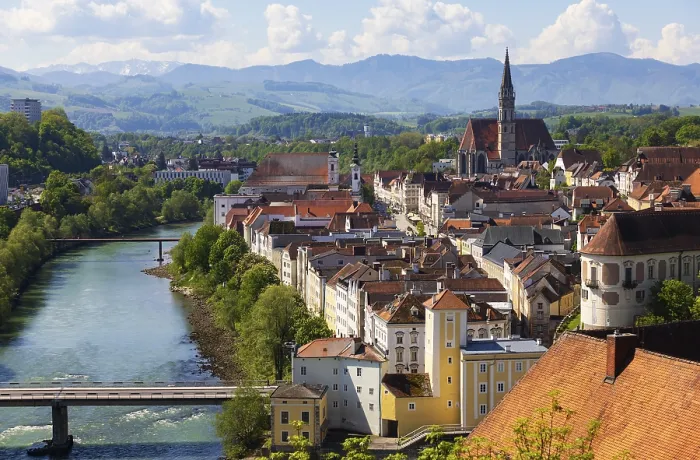 Framed Print : View from the Taborberg to the river Steyr and the old town with parish church