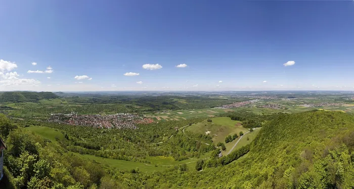 Framed Print : View from Teck Castle into the Lenningen valley with the municipality of Owen Framed Print : View from Teck Castle into the Lenningen valley with the municipality of Owen