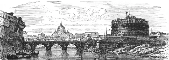 Framed Print : View over the Tiber Bridge, Aelius Bridge or Ponte Sant'Angelo, to St Peter's Basilica of the Vatican and Castel Sant'Angelo, in Rome, historical pedestrian bridge built 134 AD, Geography, Italy, historical illustration 1888, Europe